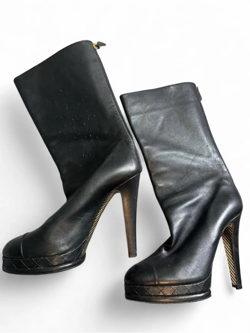 CHANEL Black Leather Platform Mid-Calf Heeled Boots